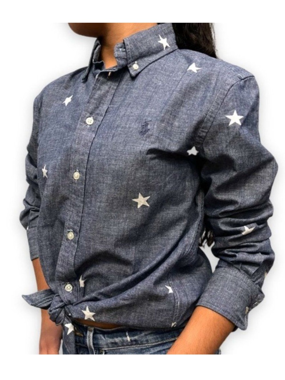 Ralph Lauren Relaxed Fit Chambray Denim Button Down Shirt Star Print Size XS